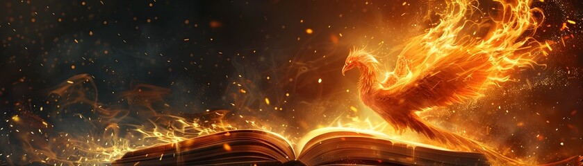 Mythical Phoenix Emerging from an Enchanted Book Rewriting Stories with Fiery Flames - obrazy, fototapety, plakaty