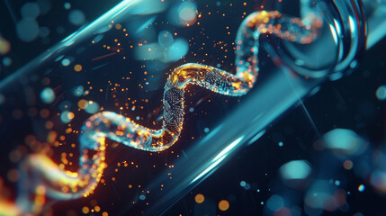 A 3D animation backdrop highlighting a magnified view of DNA strands within a medical test tube rendered in a unique style conveying the intricacies and marvel of biotechnology. - obrazy, fototapety, plakaty