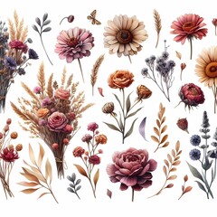 different wild flowers on a plain background, flowers collection, illustration