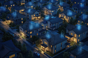 Communication over Internet in future of smart settlements in suburban housing. AI Generative - obrazy, fototapety, plakaty