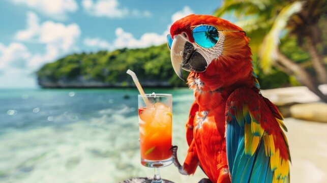 A vibrant parrot with a refreshing drink perched by a tropical resort pool, tropical vacation luxury and enjoyment.