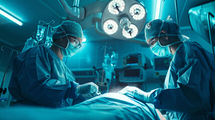 A patient undergoing a medical procedure with a female doctor in a state-of-the-art operating room, with a backdrop of advanced surgical equipment,
