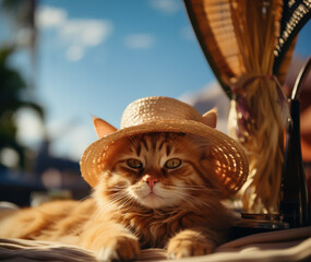 A tabby cat lies comfortably in a straw hat, soaking up the sunny ambiance - 781373512