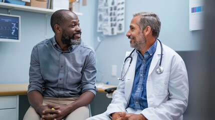 A physician and patient engaged in deep conversation in a medical setting