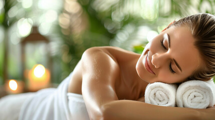 Obraz na płótnie Canvas A serene woman receiving a relaxing massage at a luxurious spa,