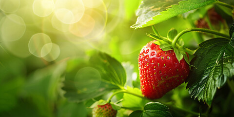 Close up of strawberry fruit growing on bush with bokeh lights in background