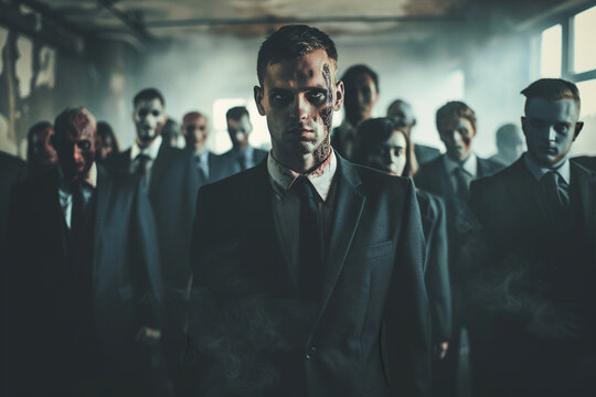 An elegant businessman zombie standing out among a crowd of suited figures in an apocalyptic office setting,