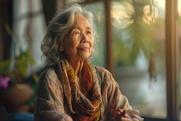 Fototapeta premium Discover a peaceful portrayal as a senior woman sits in lotus pose at home on a sunny afternoon, surrounded by tranquility, her face radiating contentment and inner peace