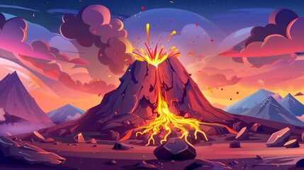 Modern illustration of volcanic eruption. A volcano erupts with hot lava, fire, smoke, ash and gas at sunset on a landscape with rocks, mountains, and craters.