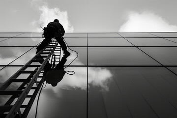 A industrial climbing worker washing windows