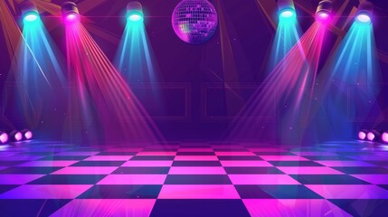 A retro mixtape banner featuring a disco ball and dance floor. 80s and 90s club music mixed with a cartoon illustration of a nightclub checkered stage illuminated by spotlights.