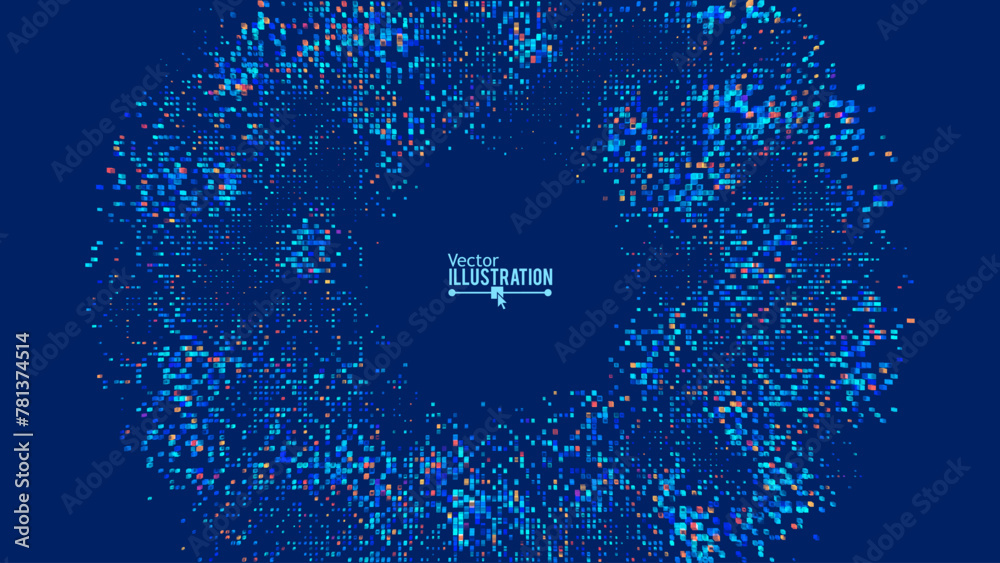 Poster Digital Pixel Explosion. Halftone Pixel Effect Round Frame. Cirlce Frame. Vector Illustration.