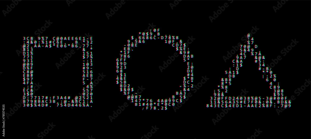 Poster Glitched Frames Geometric Design - Circle, Square, Triangle. ASCII Text Art Style Shapes Background. Glitch Design for Graphic Design - Banner, Poster, Flyer, Brochure, Card. Vector Illustration.