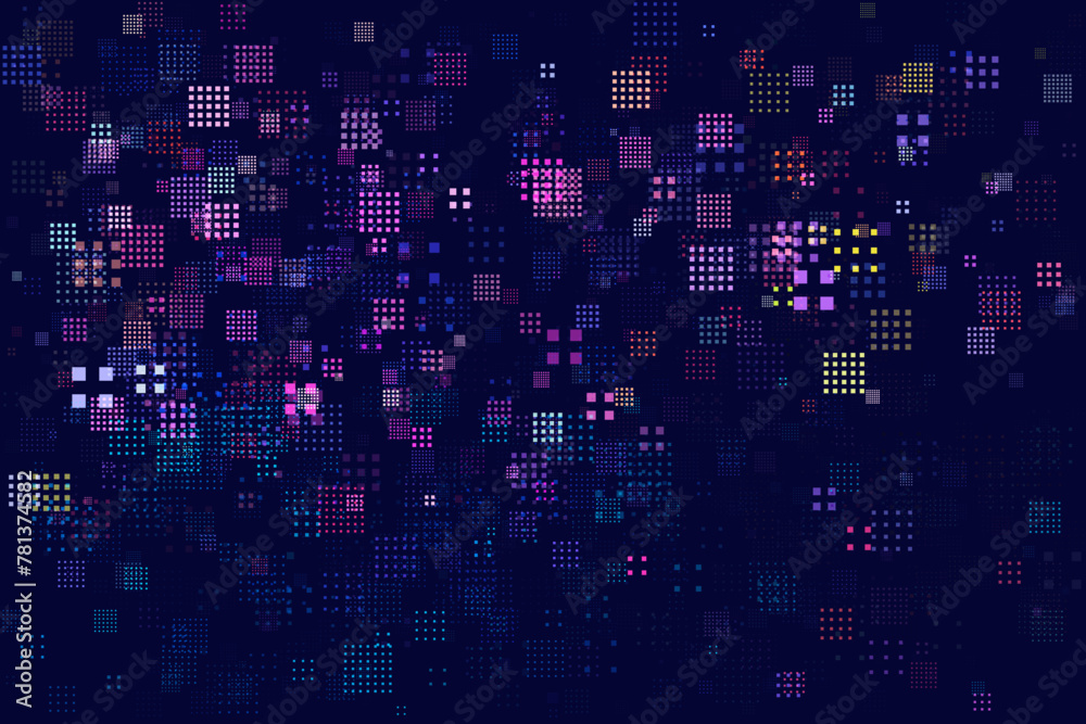 Poster Modern Stylish Glitch Pixels Technology Texture Design for Banners, Web Pages, Presentations. Tech Abstract Cyberpunk Game Background with Random Colorful Squares. Vector Squares Mosaic Pattern.