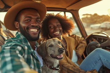 Couple and Dog Enjoying Road Trip Together in the Back Seat of a Car with Beautiful Scenic Views