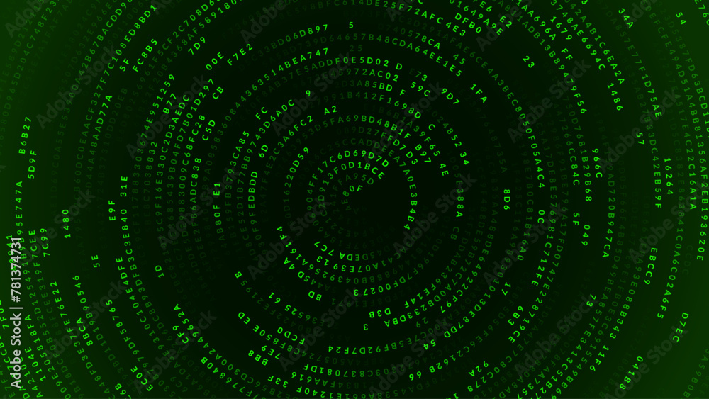 Aufkleber Green Abstract Matrix Vortex Technology Background. Binary Computer Code Dynamic Spiral. Programming, Coding, Hacker Concept. Binary Numbers Moving in Spiral. Vector Illustration. Sci-fi Background.
