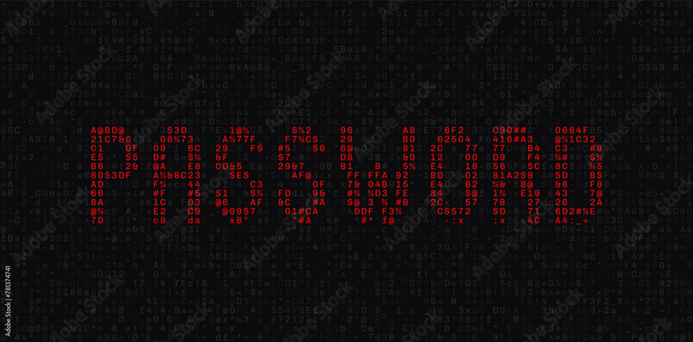 Leinwandbilder ASCII Art PASSWORD Word Made from Random Letters and Numbers. Dark Binary Code. Concept of Password Protected Digital Data. Hacker Attack Database Leak Information. Cyber Security Vector.
