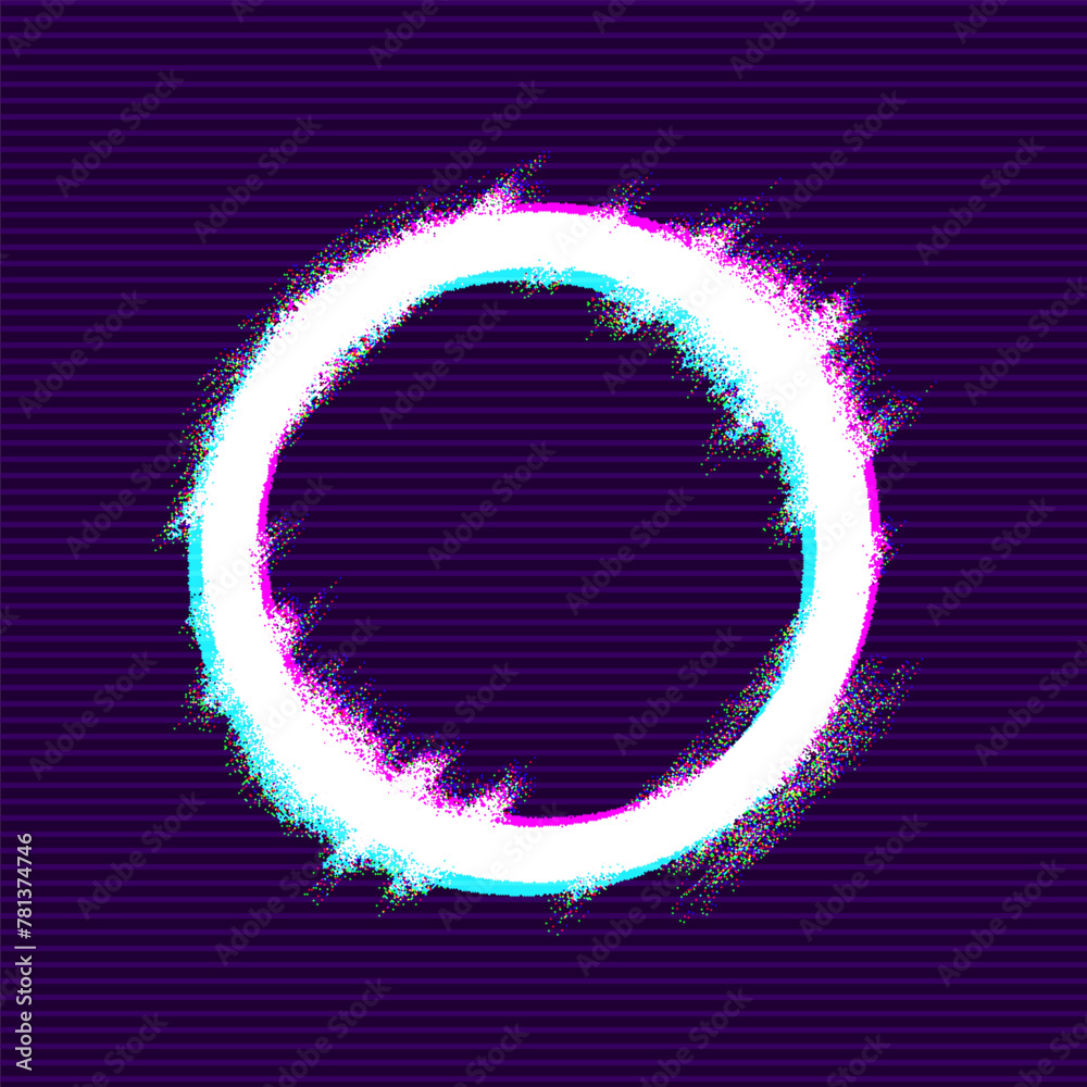 Poster Glitched Circle Frame Design. Distorted Retro VHS Glitch Style Modern Background. Glow Ring Design for Graphic Design - Banner, Poster, Flyer, Brochure, Card. Vector Illustration.