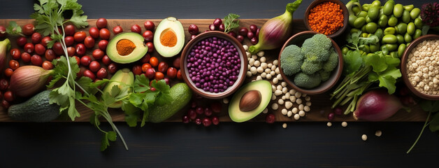 Wide view from above banner image of Vegetarian Day food banner with different types of vegetables and fruit items in a manner on black color wooden table with copy space 