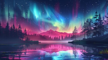 An aurora borealis shines over night lake in a starry sky, polar lights in natural landscape. A Northern amazing iridescent glowing wavy illumination shines above water surface. Cartoon illustration