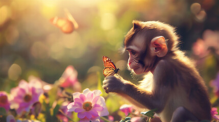 monkey in the flower garden with butterflies - obrazy, fototapety, plakaty