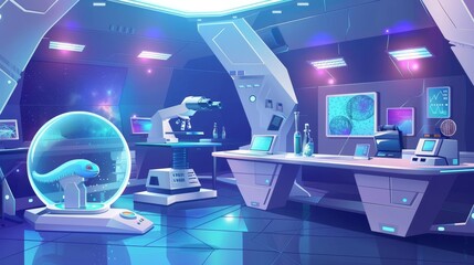 Science laboratory equipped with equipment for medicine and biotechnology research. Illustration of futuristic lab with alien in cryogenic capsule, screen, microscope, and scientist.