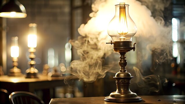 On a beige background, a vintage lamp is lit and smoke is on the table. the image quality is high