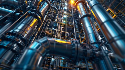 Detailed 3D visualization of the interior of a refinerys distillation column showing the conversion of crude oil into naphtha