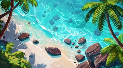 The top view of the beach shows the tropical ocean coast with palm trees and rocks in clean, blue water. Description: Sandy shore scenery nature landscape, travel destination, paradise Cartoon modern - obrazy, fototapety, plakaty