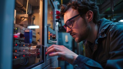 Fototapeta na wymiar Documentary-style photo of a technician closely monitoring the settings on an injection molding machines control panel