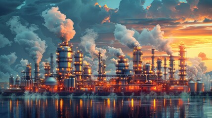 Vibrant detailed illustration depicting the journey of crude oil through the refining process - obrazy, fototapety, plakaty