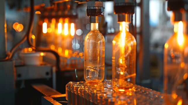 High-resolution photograph of a blow molding machine in action capturing the moment a heated plastic preform is inflated within a mold to form a bottle
