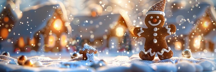 A gingerbread man is standing in the snow next to a house by AI generated image
