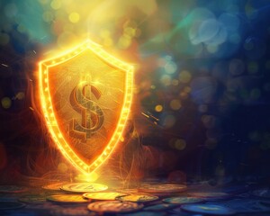 Money guarded by a luminous shield, symbolizing asset protection, set against a cautionary backdrop.