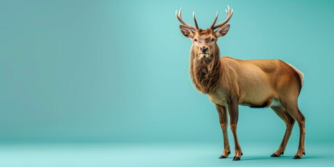 deer standing, isolated on left side of pastel teal background with copy space.