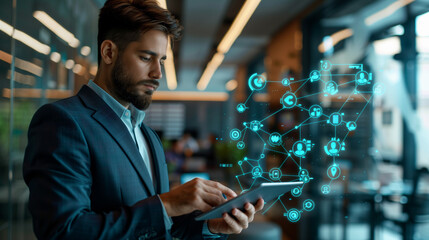 Businessman using digital tablet to check new candidates for international business consulting. Map and connect icons over modern office background. Generative AI.