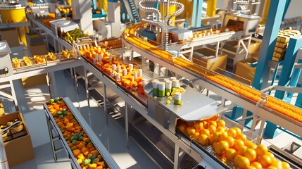 Vivid 3D Render of Bustling Food Factory Production Line with Packaged Goods
