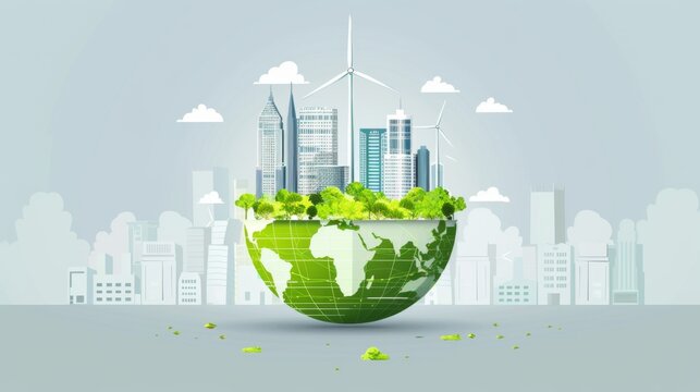 green earth with wind turbines and modern buildings, earth  day concept about planet and living environment 