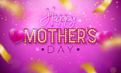 Happy Mother's Day Greeting Card Design with Heart, Glowing Neon Light Lettering and Falling Confetti on Violet Background. Vector Mother Day Celebration Illustration with Symbol of Love for Postcard