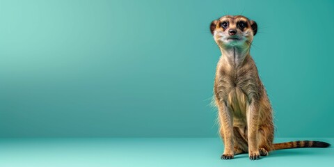 meerkat standing, isolated on left side of pastel teal background with copy space. - obrazy, fototapety, plakaty