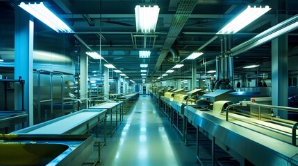 Fototapeta premium Efficient Food Production Facility Operating During Nighttime Shift Under Fluorescent Lighting