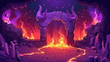 The entrance to hell or infernal world with lava, devil altar with stone horns and burning fire on top, stalactite rocks, magma, and a cartoon modern of a blazing satan sanctuary. - obrazy, fototapety, plakaty