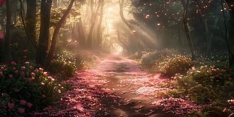 Enchanting Petal Strewn Path Through a Fairy Tale Forest of Radiant Natural Splendor - obrazy, fototapety, plakaty