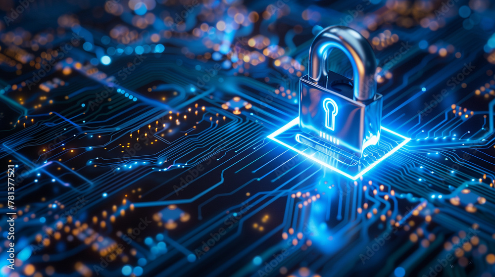 Fototapete horizontal lock with blue light on an electronic circuit. cyber security data protection business pr