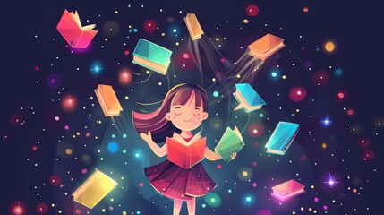 Modern cartoon fantasy illustration of happy child character holding flying books with magical glow.