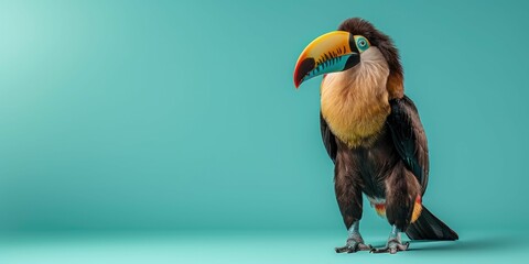 Toucan standing, isolated on left side of pastel teal background with copy space.