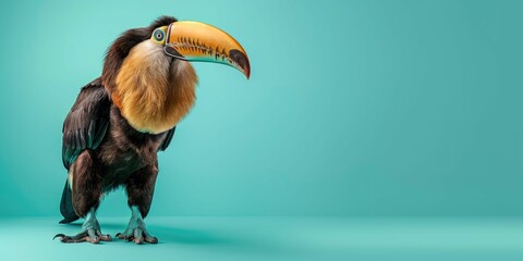 Naklejka premium Toucan standing, isolated on left side of pastel teal background with copy space.