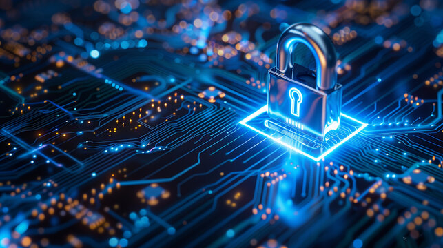 Horizontal lock with blue light on an electronic circuit. Cyber security data protection business privacy concept. Generative AI. - Powered by Adobe