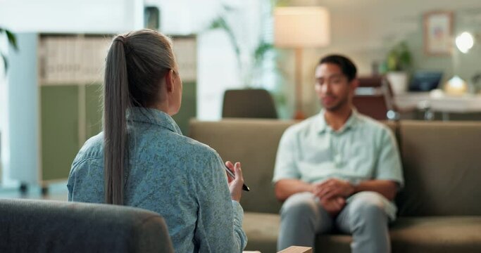 Counseling, anxiety and patient with therapist for depression and advice on psychedelic treatment for ptsd. Psychologist, consultation and man on couch with history of mental health and trauma