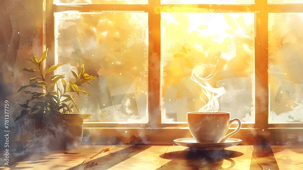 Canvas Prints Serene Morning Moment with Steaming Cup of Coffee and Cozy